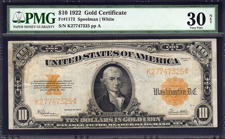 Fr.1173, 1922 $10 Gold Certificate, K27747325, VF, PMG-30n